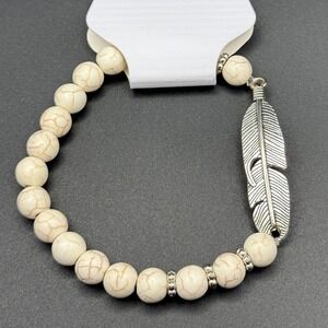 White Faux Howlite Beaded Stretch Bracelet Silver Feather Charm